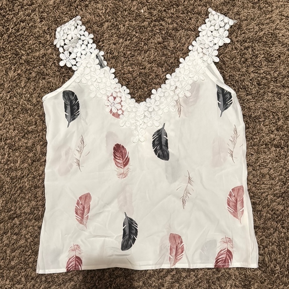 Floral Lace Trim Feather Print Top